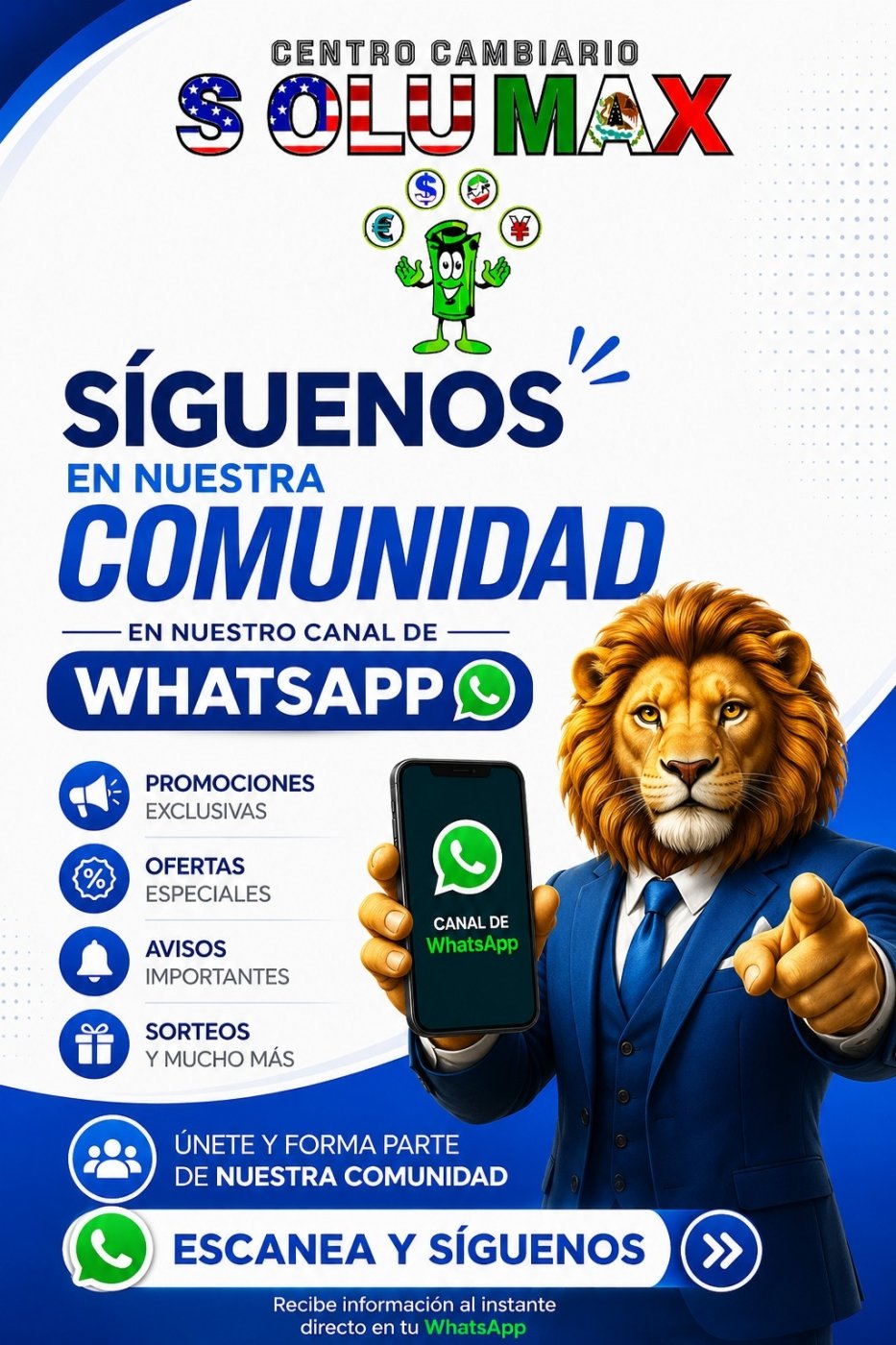 Imagen de portada con referencia a la comunidad de WhatsApp de Centro Cambiario Solumax
